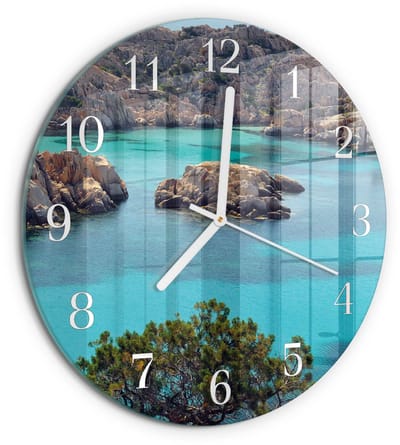 Tulup Wandklok - Zeelandschap Gekleurde Glazen Klok - 30fi cm - Bruin Glazen Klok Met Print - Witte Handen - Ronde Wandklok - Decoratieve Glazen Klok - Glazen Wandklok Design