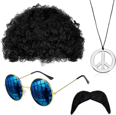Funky Hippie Kostuum Set met Afro Perücke, Zonnebril, Snor en Vredesteken Ketting voor 70s Themafeesten, Perfect voor Mannen en Vrouwen, Retro Disco Outfit