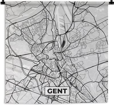 Wandkleed - Wanddoek - Kaart – Plattegrond – Stadskaart – Gent – België – Zwart Wit - 180x180 cm - Wandtapijt
