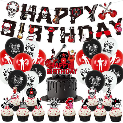 Dailygoods- Verjaardagsdecoratieset 32 Stuks - Rockmuziekmotief - Happy Birthday Banner - Cupcake-Toppers - Doodshoofd/Gitaren - Feestdecoratie
