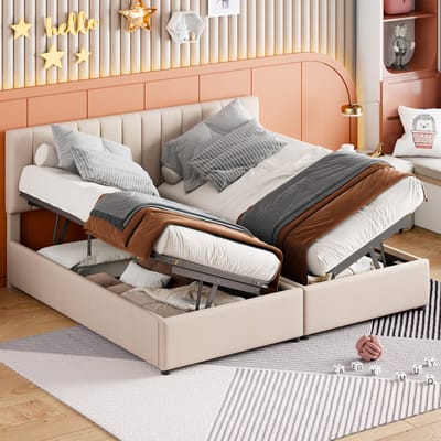 DESMIU Gestoffeerd Bed 180x200 cm – Multifunctioneel Tweepersoonsbed Met Verstelbaar Hoofdbord En Hydraulische Opbergruimte – Beige – Zonder Matras