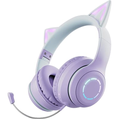 Glowing Cat Ear-koptelefoon Opvouwbare over-ear gamingheadset met kleurrijke lichten Draadloze BT5.3 paars/groen