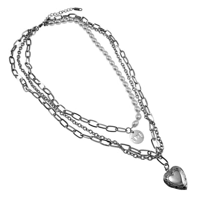3 Lagen Halsketting, LOVE Hanger en Hart voor Fotos, Dames Ketting met Parels, RVS - Verstelbaar 45- 50cm