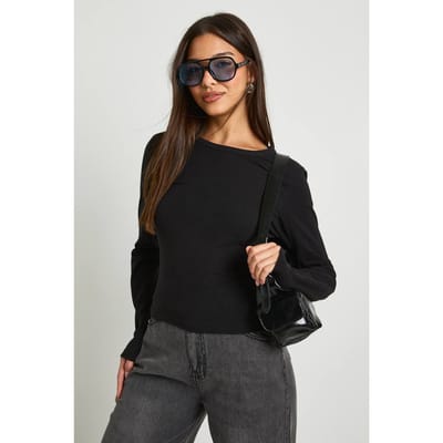boohoo Dames Basic Langmouw Getailleerde Top | Zwart | Maat: 34