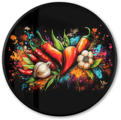 Poster in lijst Rond - Fotolijst 60x60 cm - Posters - Groente - Peper - Knoflook - Graffiti - Verf - Kleurrijk - Ronde posterlijst zwart - Decoratie - Wanddecoratie woonkamer - Muurdecoratie slaapkamer
