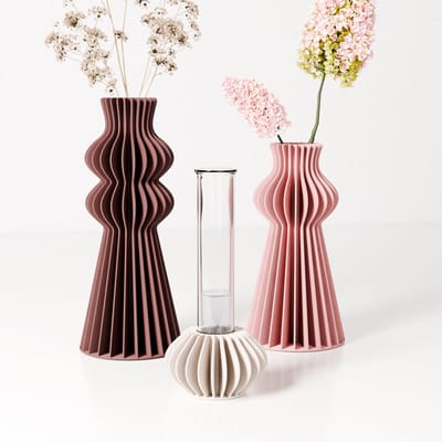 Fleuriek - Set van 3 moderne bloemenvaasjes - Rood, roze, beige - Design woondecoratie met reageerbuisjes