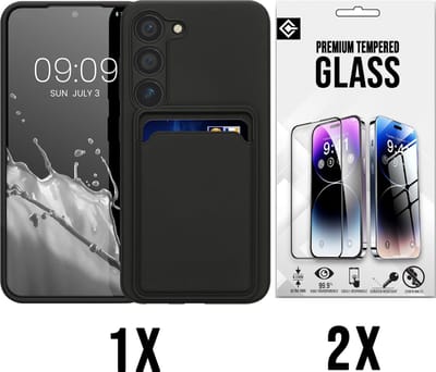 Casemania Hoesje Geschikt voor Samsung Galaxy A35 - Zwart - Anti Shock Back Cover met Pasjeshouder + 2X Glazen Screenprotector