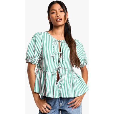 boohoo Dames Wide roze en groene streep tie-front pofmouw smock top | Pink | Maat: 6
