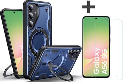 Hoesje Geschikt voor Samsung Galaxy A56 met 2 Stuks gehard glas Screenprotectors - Armor hoes met Ringhouder - Arara backcover - Navy