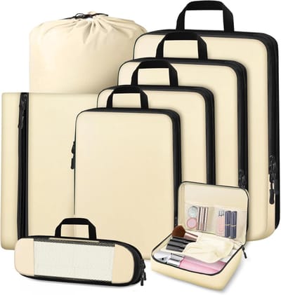 Famanu – Compressie kofferorganizer set - 8-delig - reisorganizer met pakzakken en accessoires - beige - ruimtebesparend - duurzaam materiaal - geschikt voor kleding - schoenen en accessoires tijdens reizen
