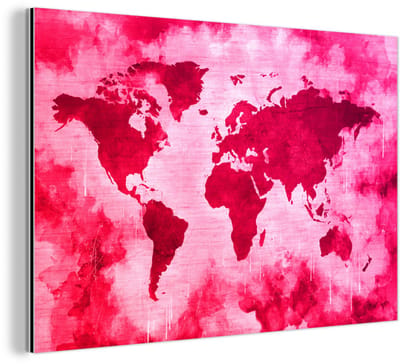 Aluminium schilderij 150x100 cm - Wanddecoratie metaal - Wereldkaart - Rood - Roze - Metalen muurdecoratie woonkamer - Decoratie industrieel - Foto op dibond - Industriële accessoires slaapkamer