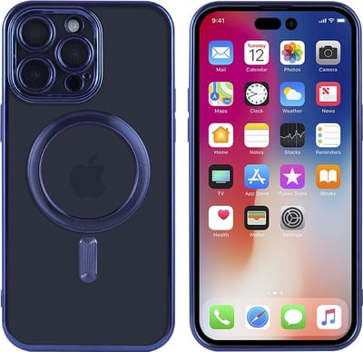 Hoesje Geschikt voor iPhone 15 Pro Max Magsafe hoes - Lens beschermer – backcover – Transparant / Blauw