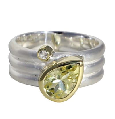 Schitterende Zilveren Brede Ring met Citroenkwarts en Bergkristal 16.50 mm. (maat 52) model 5 Carmen