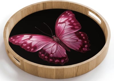 Dienblad rond 40x40 cm - Schootdienblad hout - Vlinder - Fuchsia - Grafisch - Borrelplank rechthoek - Plateau houten dienbladen