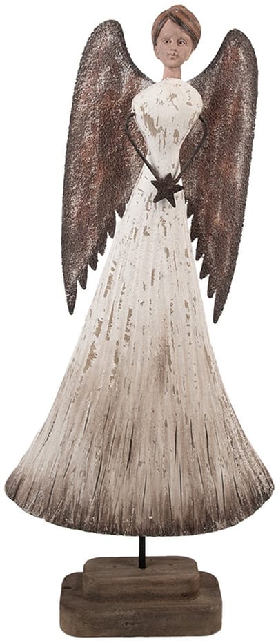 Clayre & Eef Decoratie Beeld Engel 19x6x42 cm Wit Bruin Hout