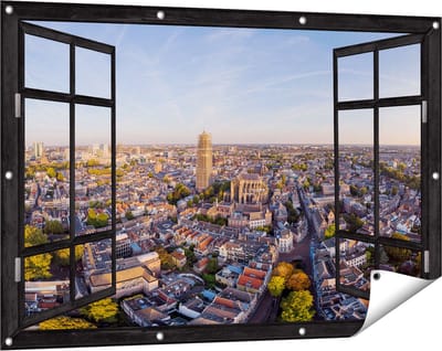 Gards Tuinposter Doorkijk Utrecht vanuit de Lucht - 120x80 cm - Tuindoek - Tuindecoratie - Wanddecoratie buiten - Tuinschilderij