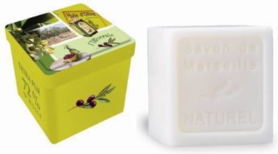 Metalen zeepblik vierkant met opdruk l'Oliveraie met zeepblok Naturel – Vintage voorraadblik – Franse handzeep – Marseille zeep Marseillezeep