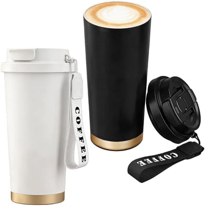 Dailygoods- Thermobeker 530 ml - Dubbelwandige Vacuüm Geïsoleerde Koffiebeker To Go - Roestvrij Staal - Met Deksel en Touw - 2 Stuks - Antilek Afdichting