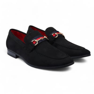 Zwarte suède loafers voor heren met gouden gesp, instapschoenen