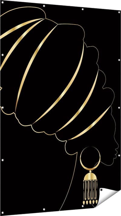 Gards Tuinposter Afrikaanse Vrouw met Gouden Zwarte Tulband - 120x180 cm - Tuindoek - Tuindecoratie - Wanddecoratie buiten - Tuinschilderij