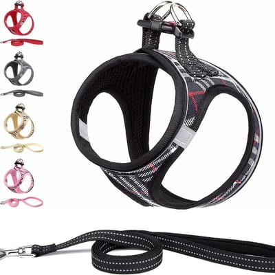 Famanu – Hondentuig Kleine honden met riem - anti-trektuig Reflecterend ademend borsttuig - puppytuig voor kleine - middelgrote honden (S - Zwart geruit)