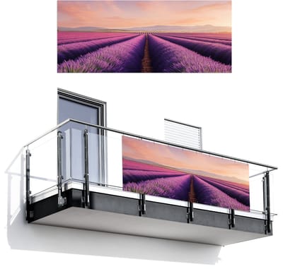 Balkonscherm 300x120 cm - Balkonposter Lavendelveld - Zonsondergang - Paars - Bloemen - Balkon scherm decoratie - Balkonschermen - Balkondoek zonnescherm