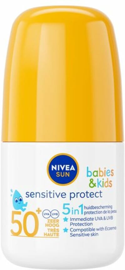 NIVEA SUN Babies & Kids Sensitive Roll-On Zonnebrand Stick SPF 50 - Zonnestick Gevoelige huid - Ongeparfumeerd - 50 ml