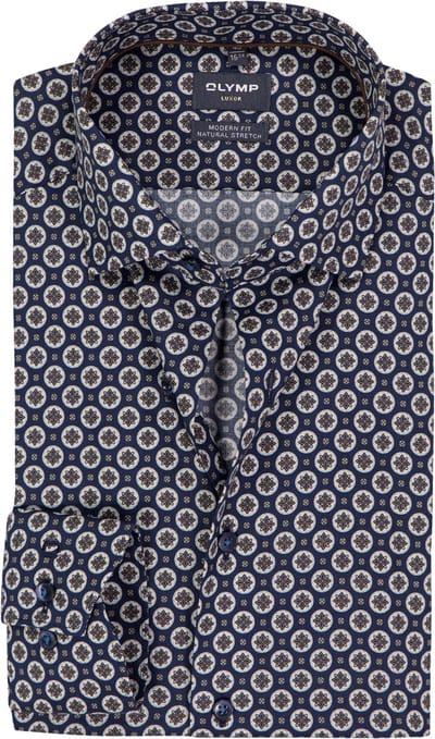 OLYMP Luxor modern fit overhemd - dobby - donkerblauw met wit - bruin en lichtblauw dessin - Strijkvrij - Boordmaat: 42