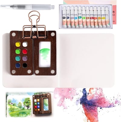 Mini Waterverf Set voor Reizen met Klemmen, Penseel, Stiften en Waterverfpapier voor Kunstenaars en Studenten