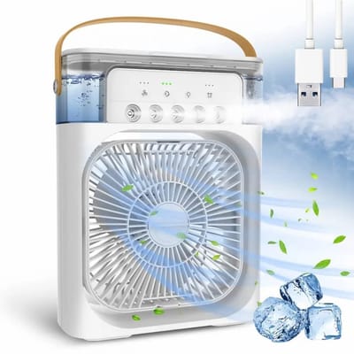 Mini Aircooler 3-in-1 met Luchtbevochtiger en LED Nachtlamp - Draagbare Air Cooler - USB Ventilator - Persoonlijke Airconditioner - 3 Snelheden - Voor Kantoor, Slaapkamer en Bureau - Wit