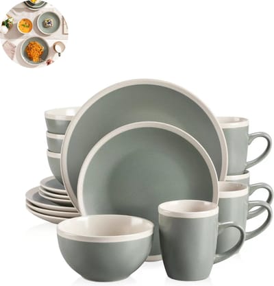 Luxe Serviesset- 16 delig – 4 persoons – Porselein - Bordenset – Dinner platen – Dessertborden - Kommen - Mokken - Donkergroen