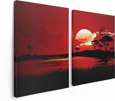 Artaza Canvas Schilderij Tweeluik Rode Zonsondergang In De Savanne - Abstract - 120x80 cm - Wanddecoratie Woonkamer - Schilderijen - Muurdecoratie