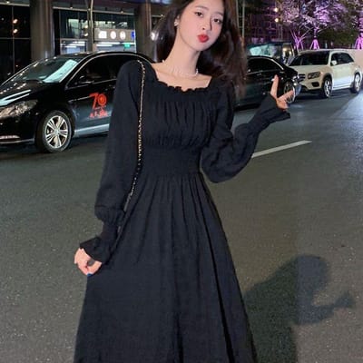 Vierkante hals Witte lange jurk Flare mouw Taille gewikkeld Zwarte slanke A-lijn Vrouwen Veelzijdige zachte stijl Jurken XL black