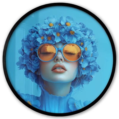 Poster in lijst Rond - Fotolijst 40x40 cm - Posters - Vrouw - Bloem - Blauw - Modern - Bril - Portret - Ronde posterlijst zwart - Decoratie - Wanddecoratie woonkamer - Muurdecoratie slaapkamer