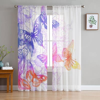 Vlinders En Bloemen Geschilderde Waterverven Tule Transparante Gordijnen voor Woonkamer Keukendecoratie Voile Organza Gordijnen 135W x 114H(cm) white