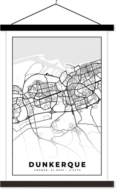 Posterhanger incl. Poster 40x60 cm - Schoolplaat - Frankrijk - Dunkerque - Kaart - Plattegrond - Stadskaart - Zwart wit - Textielposter - Zwarte latten - Stadskaart