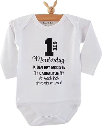 Rompertje baby tekst cadeau | mijn eerste moederdag ik ben het mooiste cadeautje je doet het geweldig mama | Lange mouw | wit zwart | maat 74-80 jongen meisje unisex