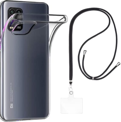 Set met hoesje en nekband voor xiaomi mi 10 lite - Flexibele, transparante TPU-bescherming, verstelbare universele nekband voor mobiele telefoons, zwarte nekband, transparante draagriem van Phonillico®