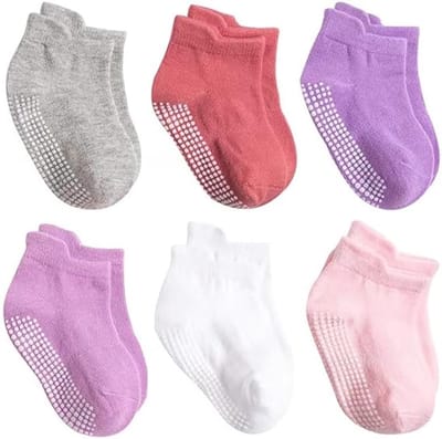 6 paar - Antislip sokken voor kinderen - Vloersokken - Ademende katoenen sokken - 6 kleuren - Geschikt voor 0-1 jaar