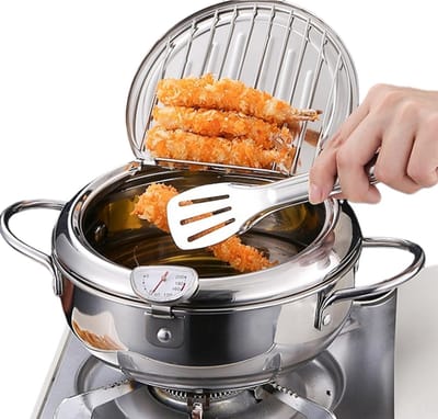 Frituurpan - Tempura pan - Thuis Frituren - Met Thermometer - 20 cm - Zilver