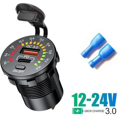 Chargeur de voiture 12 V 24 V PD USB QC3.0 Prise de charge rapide avec interrupteur marche/arrêt et affichage de tension pour voiture, bateau, moto, camion QC3.0+PD
