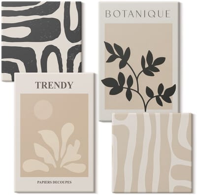 Wallfluent Set van canvas schilderijen - Stijlvolle plantenpatronen in tinten beige en zwart Canvas Schilderijen Set - Set van 4 Canvas Schilderijen - Beige Set van Canvas Prints - Teksten Canvas Kunst Set - Boheemse Canvas Kunst Set
