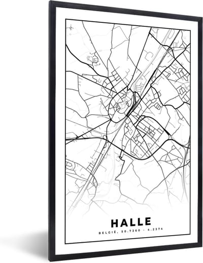 Fotolijst incl. Poster Zwart Wit- Stadskaart – Plattegrond – België – Zwart Wit – Halle – Kaart - 40x60 cm - Posterlijst