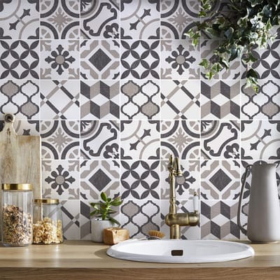 Tegelstickers voor de muur in keuken en badkamer - 9 cementtegelstickers, Azulejos Andy Style - 9 stickers, 20x20cm