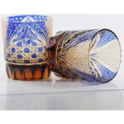 8,5 Oz Luxe Blauw Amber Rotsglas Edo Kiriko Recht Whisky Tumbler Hand gegraveerd Achthoekig Mandenpatroon Met Cadeaubox 240ml blauw