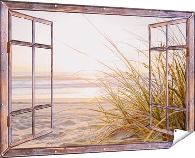 Gards Tuinposter Doorkijk Strand en Duinen tijdens Zonsondergang - 180x120 cm - Tuindoek - Tuindecoratie - Wanddecoratie buiten - Tuinschilderij