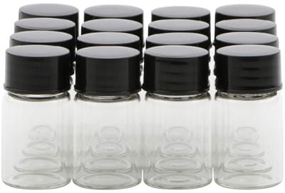 Set van 16 Transparante Glazen Flesjes met Zwarte Schroefdop voor Reizen en Labtests - 5ml Inhoud