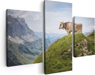 Artaza Canvas Schilderij Drieluik Koe In De Bergen - 90x60 - Foto Op Canvas - Canvas Print