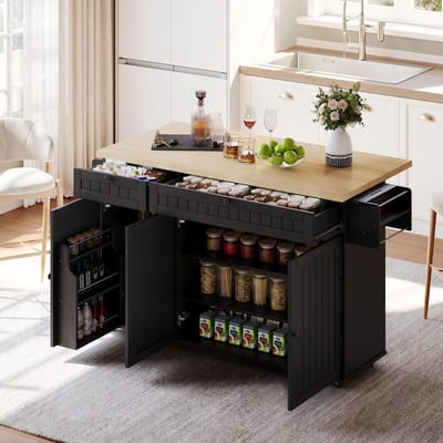 Clruro Keukeneiland - 137 x 89.5 x 45 cm - Keukenkast met Klapblad, 2 Laden en Rollen - MDF - Zwart
