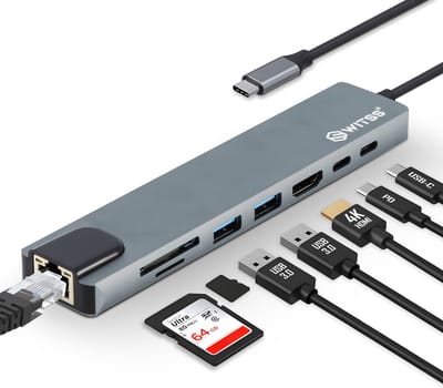 Switss® - USB-C Hub Docking Station 8-in-1 Gigabit - 4K HDMI, 65W PD - Aluminium